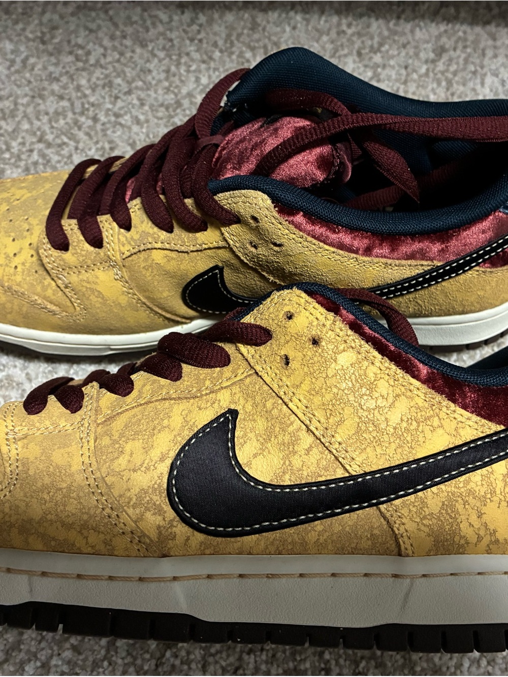 Nike Men’s Yellow Suede Low-Top Sneakers with Burgundy Accents